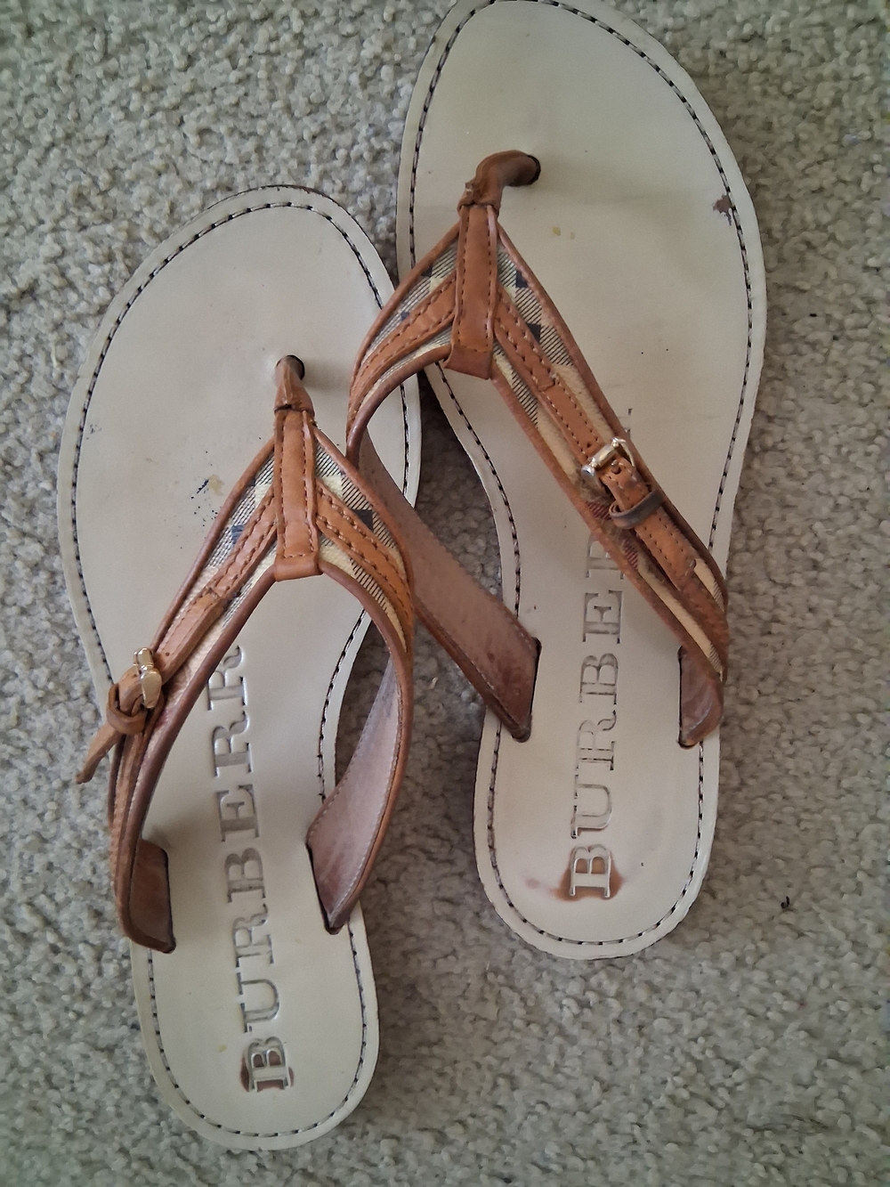 Burberry Beige Tan Leather Thong Sandals